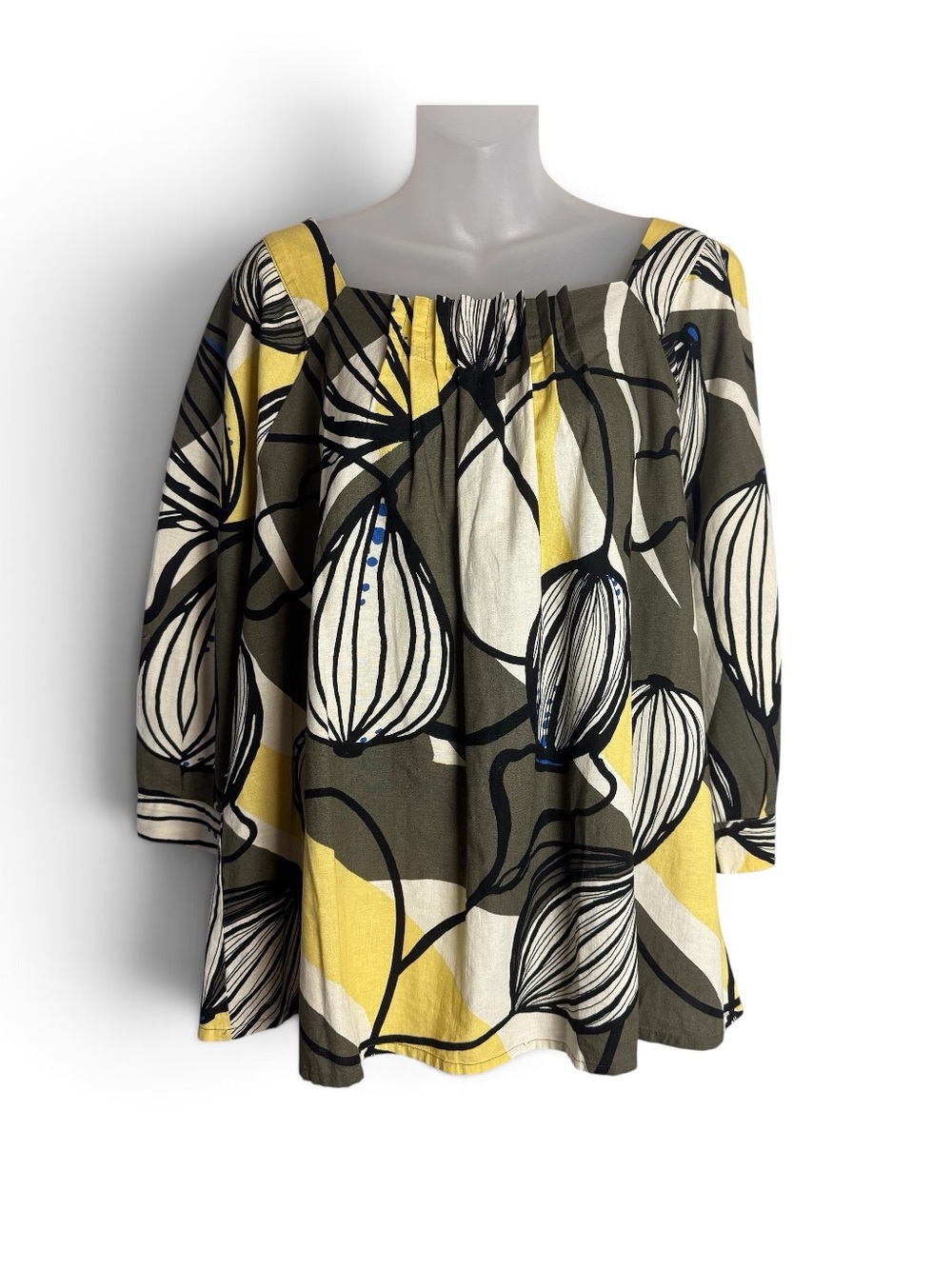 Masai Linen Cotton Blend Square-Neck Floral Abstract Print Blouse Size Medium